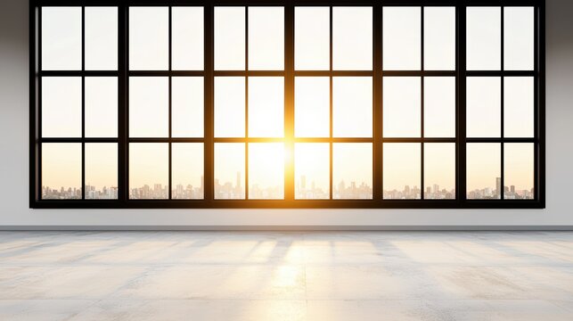 A large window with a cityscape view, set against a white wall and floor.