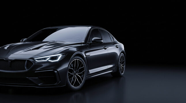 Front three quarter view of a modern glossy black luxury sedan isolated on dark background
