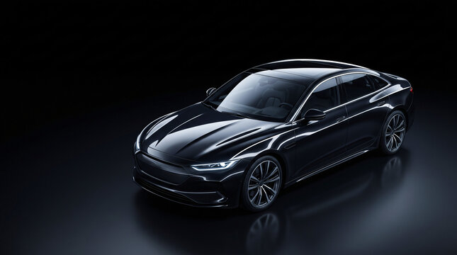 High angle view of a luxury black electric sedan parked in a dark studio with subtle reflections