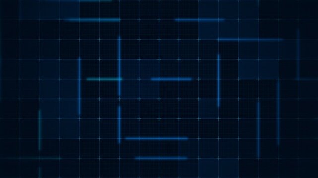 Abstract digital motion background with blue glowing lines and grid patterns. Loop. 4K