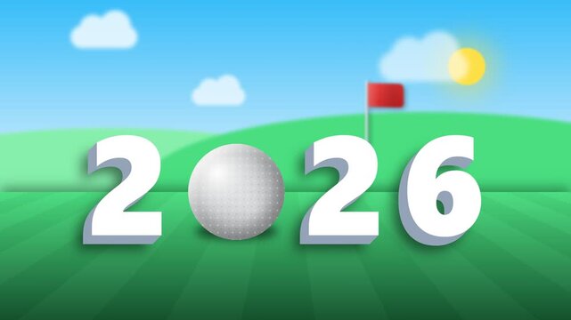 Golf ball replacing the zero in 2026 text on a golf course background