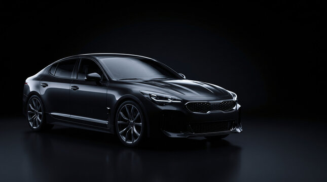 Sleek modern black luxury sedan parked in a dark studio setting with soft side lighting reflections