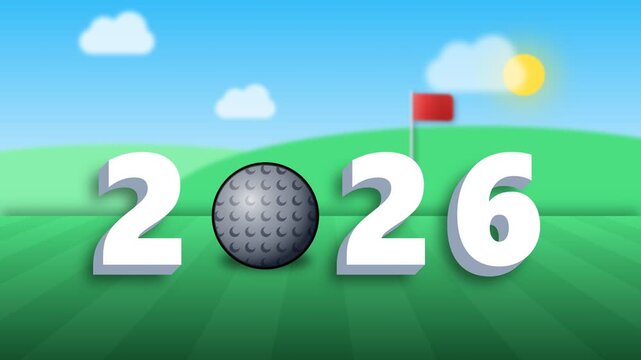 Golf ball replacing the zero in 2026 text on a golf course background