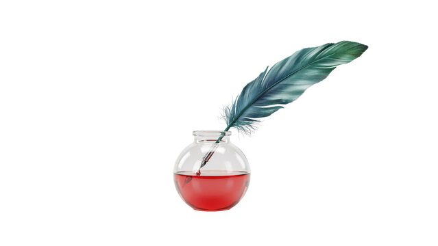 A blue quill pen resting inside a round glass inkwell filled with vibrant red liquid ink on a white surface isolated on a transparent background