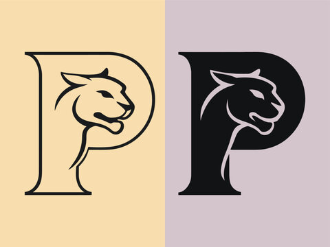 Stylized letter P logo design featuring a fierce panther head within its shape on a split color background