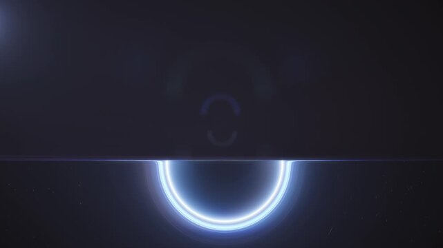 Supermassive black hole, blue glowing accretion disk in deep space background. 3d animation.