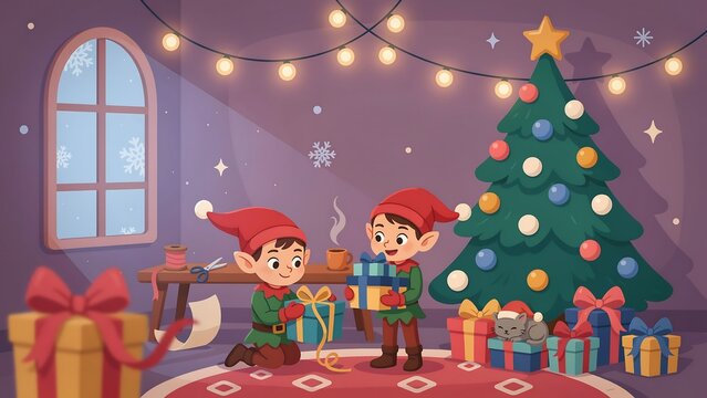 Two happy little elves wrapping gifts together in cozy decorated workshop christmas tree.