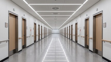 Fototapeta premium Modern Hospital Corridor with Wooden Doors and Clean Floors.