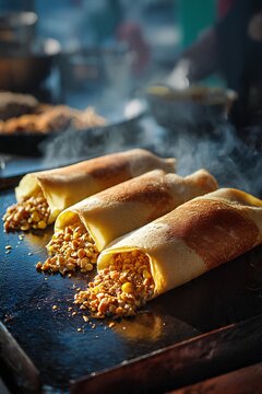 Traditional Apam Balik Pancake with Peanut and Corn Filling on Hot Griddle