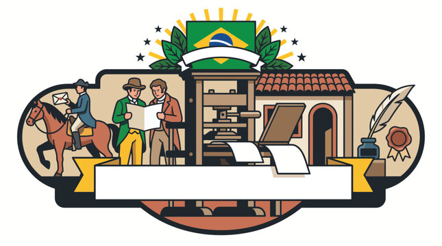 Brazilian Independence Day cultural emblem with historical symbols and national flag