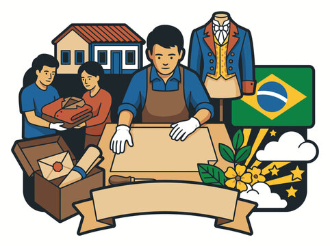 Cultural emblem showcasing Brazilian community activities and craftsmanship