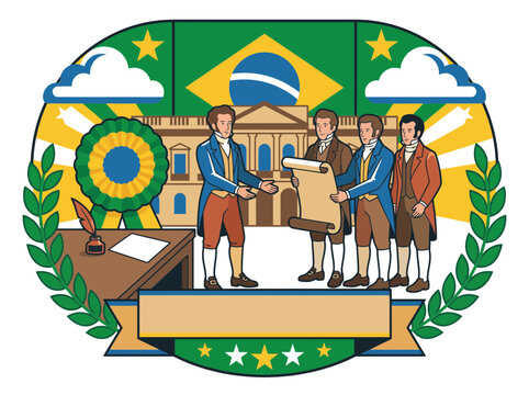 Brazilian independence day historical emblem with national flag and figures