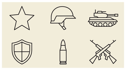 Naklejka premium Set of military and defense outline icons featuring a star helmet tank shield bullet crossed rifles star icon military symbols protection security tactical strategy collection