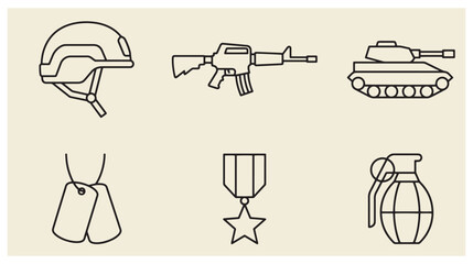 Naklejka premium Military warfare and soldier equipment icon collection with military icons warfare symbols combat helmet assault rifle tank icon dog tags military medal hand grenade army equipmen