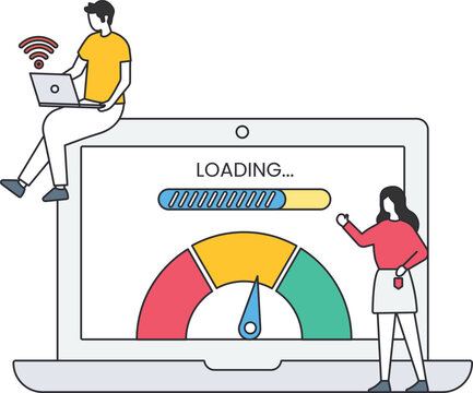 Website speed optimization page load performance test SEO analysis internet speed meter loading bar user experience improvement digital marketing teamwork concept
