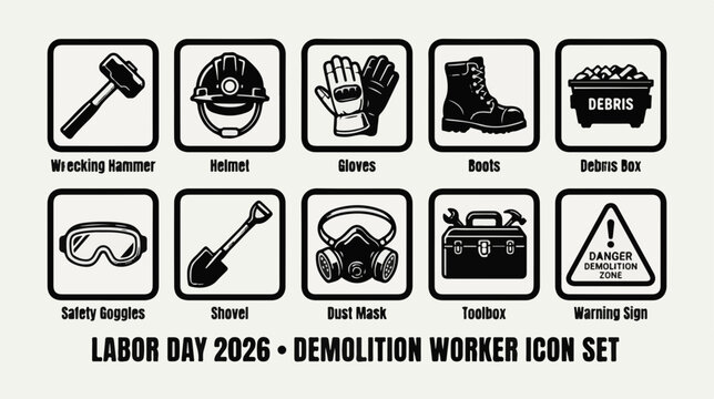 Labor Day demolition worker icons vector icon set, professional editable SVG illustration collection for business, industry, workplace, technology and modern design projects with clean symbols, isolat