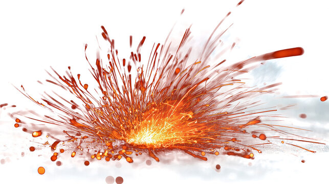 Fiery orange spark explosion radiating upward on white background