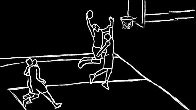 doodle line art rotoscope animation of basketball slam in 2 color choice style