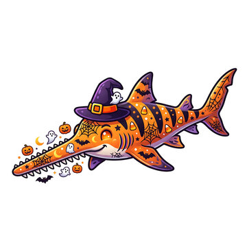 Cute Sawfish Halloween Clipart with Witch Hat and Pumpkin Patterns on Isolated Background