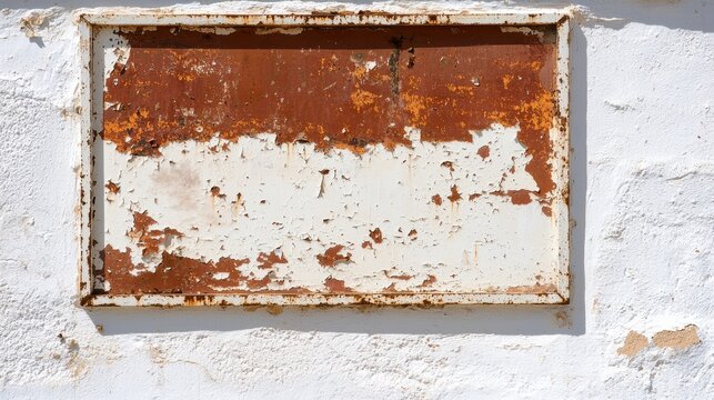 A weathered white wall with a rusted metal sign.