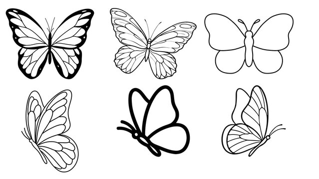 Butterfly line art collection, set of six minimalist insect sketches, black and white butterfly outlines for coloring and design