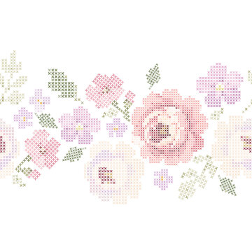 Cross Stitch Floral Rose Border Pattern, Vintage Embroidery Vector Design for Textile and Fabric