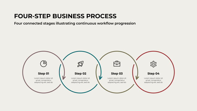Four Step Line Outline Circular Arrow Infographic for Continuous Process Progression, Project Planning and Strategic Development on Light Background
