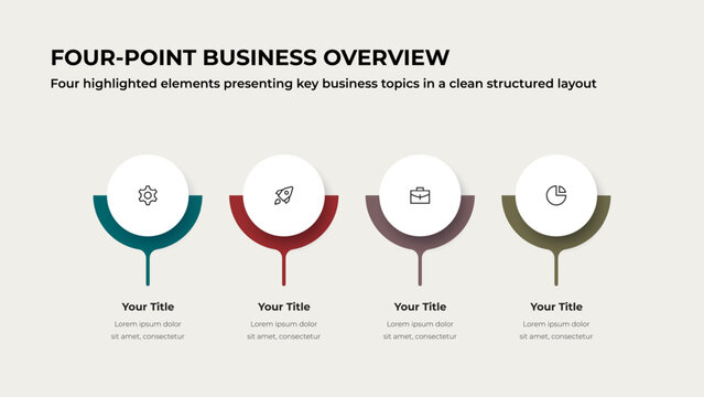 Four Point Business Infographic with Circular Marker Layout for Strategic Planning, Key Topics and Presentation on Light Background