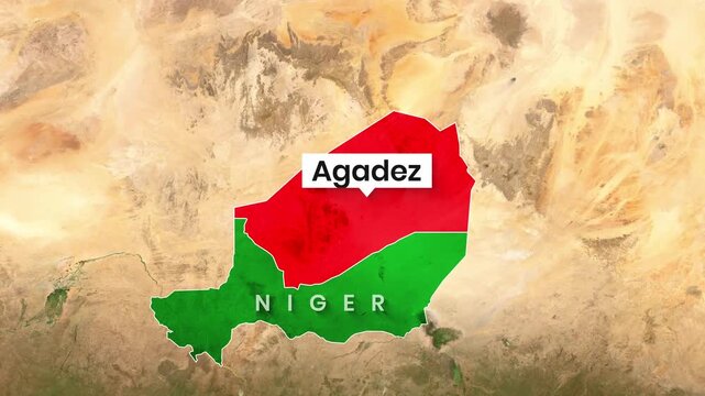 Agadez region highlighted on the Niger map animation showing motion footage