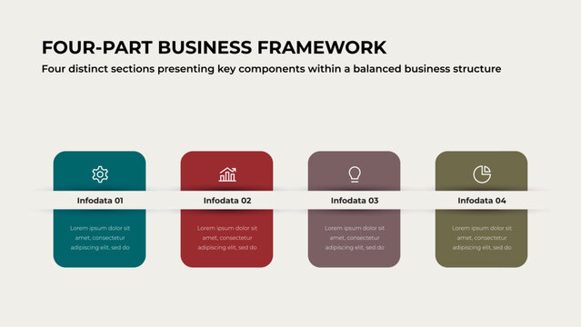 Four Part Business Infographic with Rounded Rectangle Sections for Strategy Planning, Management Structure and Presentation on Light Background