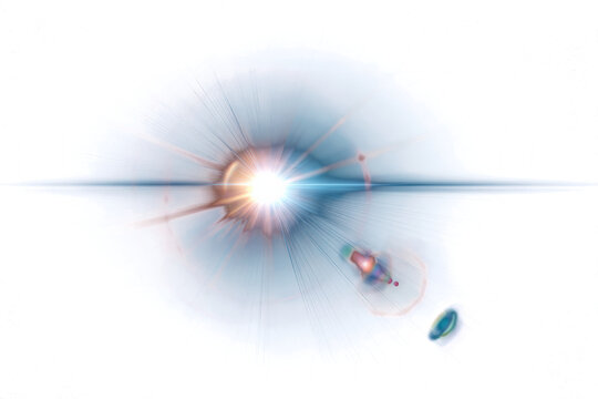Blue and orange lens flare starburst glowing across a white background