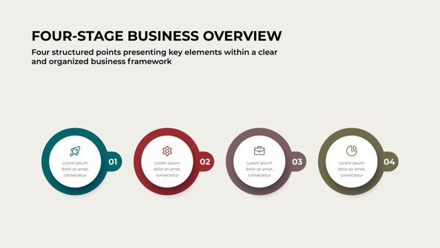 Four Stage Business Process Infographic with Circular Timeline Layout for Workflow Planning, Project Management and Presentation
