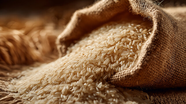 Raw rice spilling from burlap sack