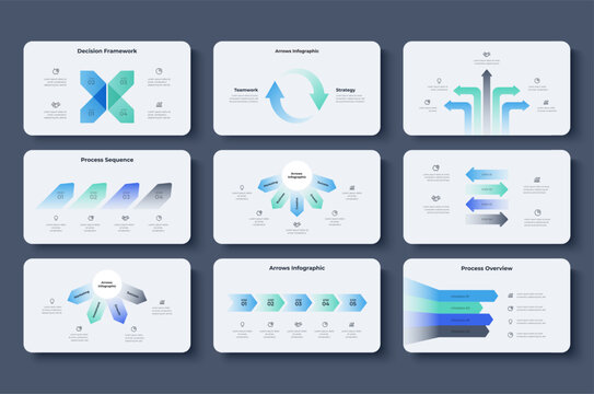 Gradient Arrow Infographic Set with Process, Workflow, Flowchart, Decision, Sequence and Radial Business Diagrams