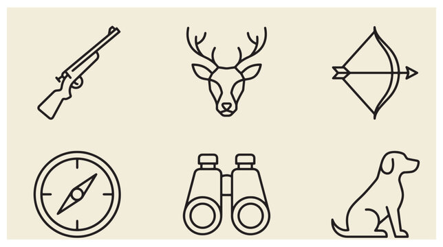 Set of hunting icons featuring a rifle deer head bow and arrow compass binoculars a dog line art style vector icons outdoor activity black and white binoculars wildlife sportsman