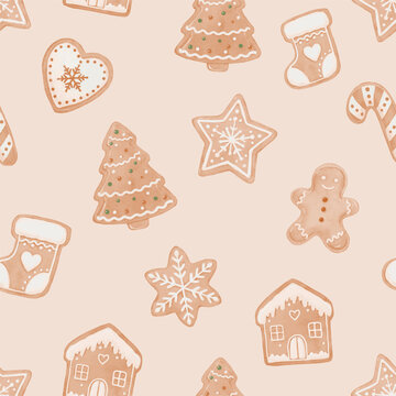 Watercolor Seamless Christmas Gingerbread Cookie Pattern with Tree, Man, House and Candy Cane