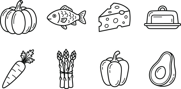 Healthy food grocery line art icon set including pumpkin fish cheese butter carrot asparagus bell pepper and avocado vector linear illustration