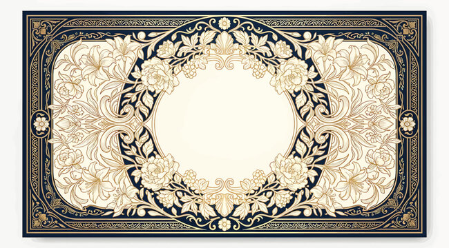 Art nouveau circular floral frame with intricate botanical patterns and elegant vintage scrollwork in gold and dark blue