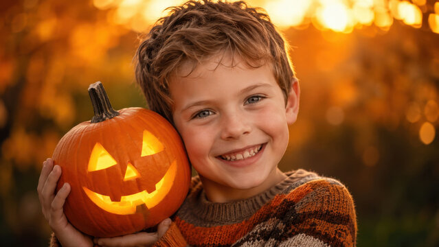 Smiling young boy holds a glowing jack-o'-lantern outdoors at sunset, creating a cheerful Halloween portrait filled with warm autumn charm.