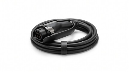 Fototapeta premium Electric vehicle charging cable with type 2 plug, black coiled EV power cord for car battery station, portable automotive charger