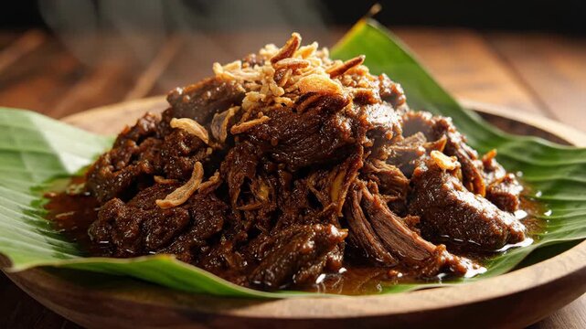 Close-up of steaming beef rendang, a rich Indonesian dish, garnished with fried shallots, presented on a banana leaf in a wooden bowl.