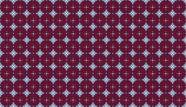 Decorative Geometric Seamless Pattern with Burgundy Navy Blue and White Floral Motifs