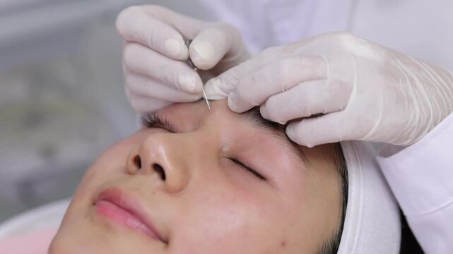 Cosmetologist performing facial acne treatment with an extractor tool.