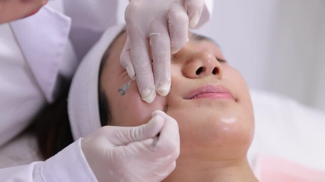 Professional cosmetologist in a spa clinic using a special tool for cleaning pores and removing blackheads from a young woman's face.