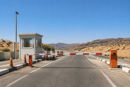 Empty road checkpoint with lowered red and white barrier arm, guard booth and cones, security and traffic control concept
