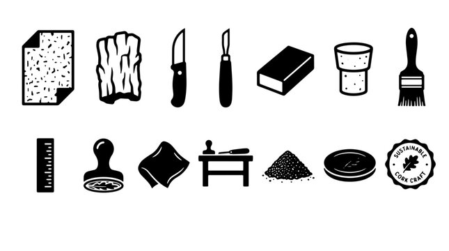 Vintage linocut printmaking tools icon set, 14 black and white craft workshop vectors, sustainable cork craft equipment