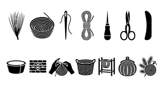 Basket weaving tool icons, traditional handicraft equipment set, wicker basketry supplies and handmade craft symbols in black vector