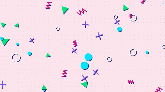 Memphis style geometric pattern motion animation featuring colorful floating shapes and vibrant dotted background elements for modern creative design projects