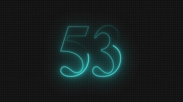 Digital glowing numbers fifty-three on dark grid
