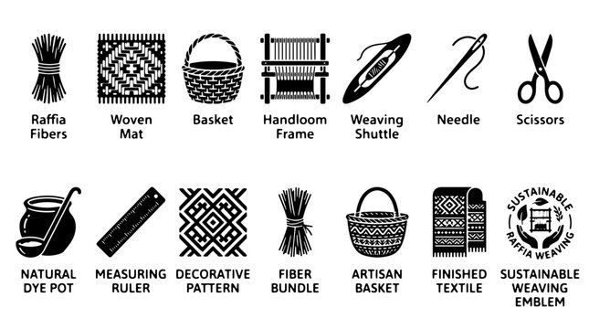 Artisan weaving icons set, traditional raffia fiber craft tools, sustainable textile production symbols, 14 black vector illustrations